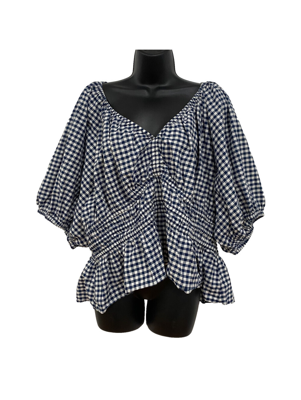 Old Navy 2XL Cotton Blue Gingham Smocked Babydoll Puff Sleeve Peplum Top Cottage